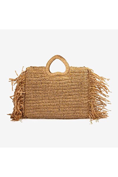 KEMAL TANCA Women's Fringed Hand Knitted Camel Straw Bag Nwc-1069