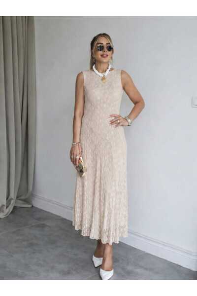 QİMYA BUTİK BUKETLİ Kadın Sıfır Yaka Kolsuz Astarlı Maxi Boy Uzun Dantel ELBİSE