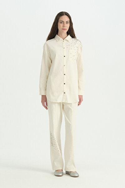 Nihan Shiny Stone Canvas Trousers Cotton Set - Ecru