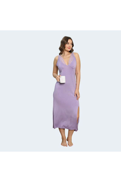 Generic Soft Viscose Nightgown for Women | Side Slit & Elegant Lace Bust Deta...