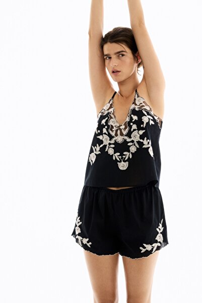 H&M Pamuklu ve İşlemeli Pijama Takımı
