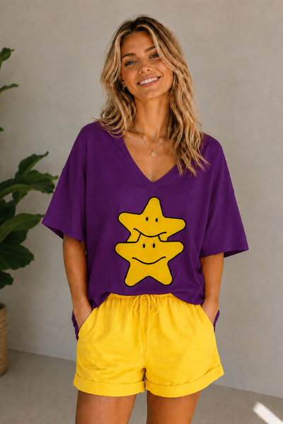 ArtYus Double Star Printed V-Neck Casual Unisex Oversize T-Shirt – Cotton Cas...