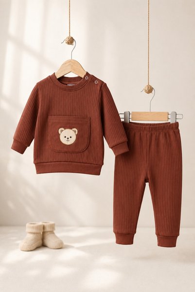 METEOR BABY Baby Boy Set - Children's Set - Teddy Bear Pocketed Ribbed Cotton Seasonal Top and Bottom Baby Set