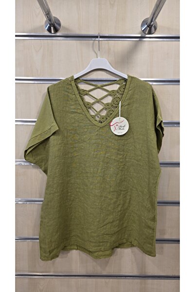 Park Moda Italian Linen Blouse with Lace Detail on the Back