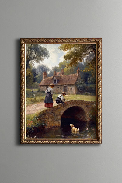 epiqart Children and Stream Landscape Painting on Stone Bridge - Vintage Patt...