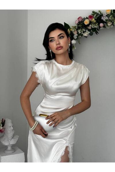 YURELİ Dantel Yırtmaç Detaylı Saten Midi Elbise