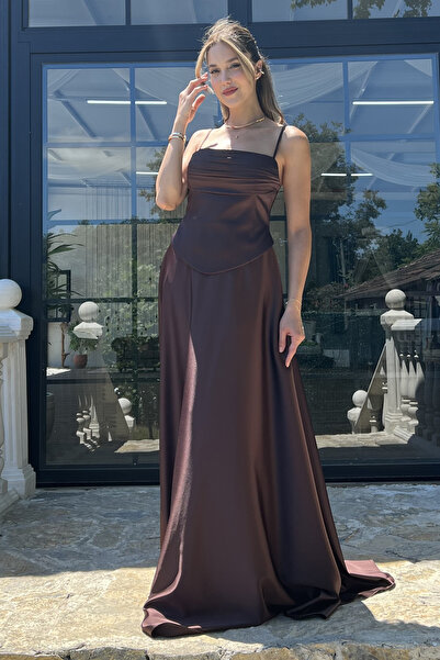 Lafaba Women's Brown Thin Strap Corset Detail Satin Long Evening Dress