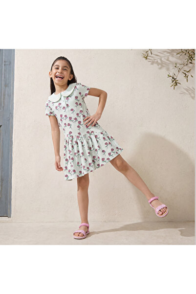 Juniors Peter Pan Collar Short Sleeves A-line Dress with Floral Print
