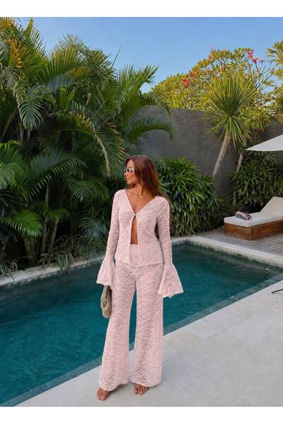 MIZUKI Set de plajă pentru femei, pantaloni kimono cu textură transparentă și...