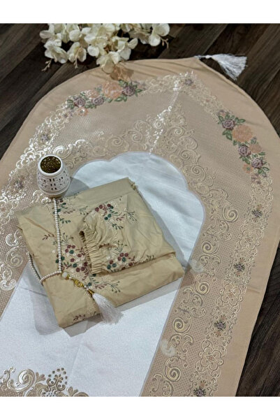 Generic Women's Beige Prayer Set with Delicate Pink Embroidery