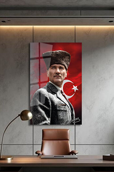 home dekors Atatürk ve Türk Bayrağı Cam Tablo - Atatürk Portresi Duvar Dekoru...