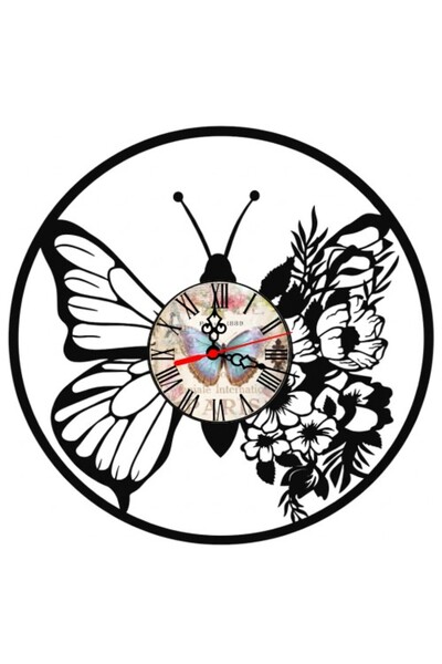 OEM Ceas de perete decorativ din disc de vinil, Model Floral cu Fluturi și Fl...