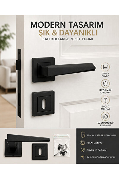 Mat Siyah Kare Rozetli Kapı Kolu Seti – Zamak Gövdeli Modern Oda Kapı Kolu, Anahtar Rozetli Premium İç Kapı Kolu Takımı