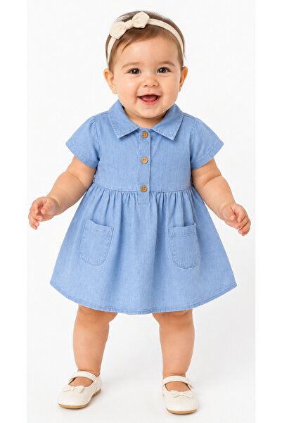 İrem Çocuk Giyim Baby Girl Button Closure Pocketed Lycra-Free Blue Color Deni...