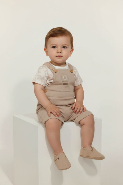 Caramell Baby Boy Beige Salopet and Patterned T-Shirt Set
