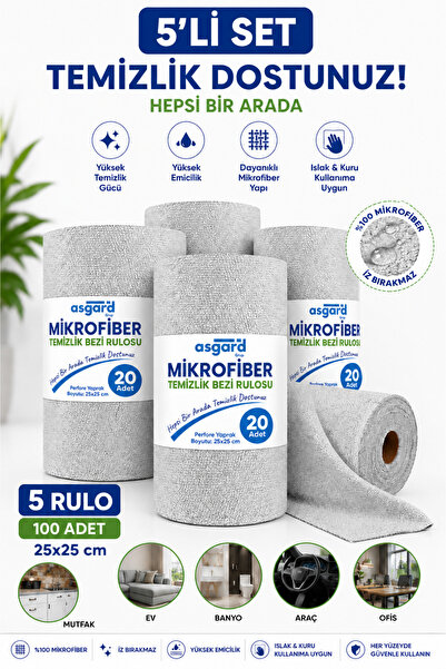 Asgard Grup 5 Adet 20'li Rulo Gri Renk Mikrofiber Temizlik Bezi 25x25 cm Leke...