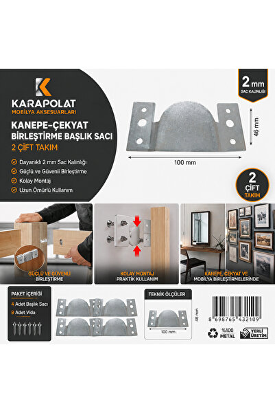 KARAPOLAT Metal Mobilya Birleştirme Aparatı 2 Çift Takım Baza Koltuk Kanepe Ç...