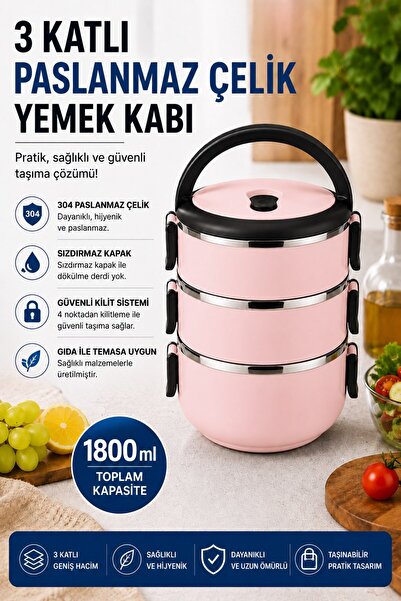 Sas Haus 3 Katlı Paslanmaz Çelik Yemek Kabı 1800 ML Sızdırmaz Kapaklı Taşınab...