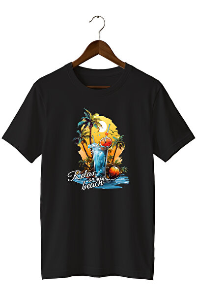 WİDİ Unisex Summer Themed Beach Printed Crew Neck Casual Cotton T-Shirt