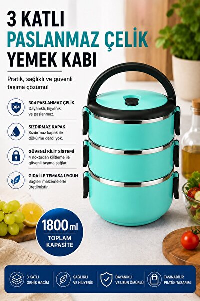 Sas Haus 3 Katlı Paslanmaz Çelik Yemek Kabı 1800 ML Sızdırmaz Kapaklı Taşınab...