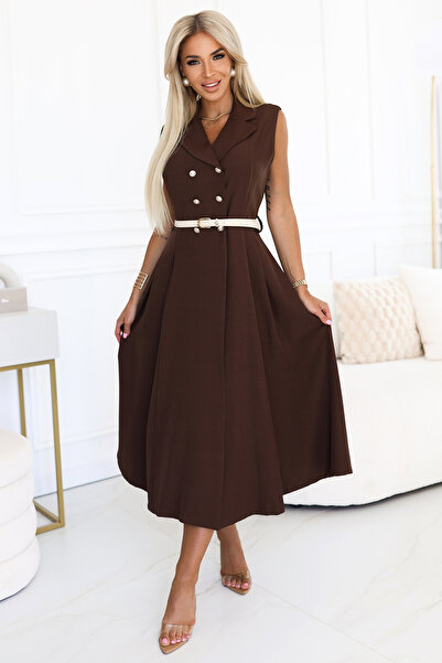 Numoco Rochie elegantă midi cu nasturi aurii și curea - ciocolatiu Casual