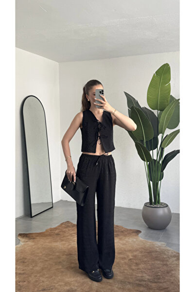 asfamoda Black Tie-Up Detailed Leopard Textured Vest and Wide-Leg Pants Two-P...