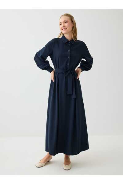 Benin Half-Pleated Belt Detailed Shirt Collar Hijab Dress - Navy Blue -
