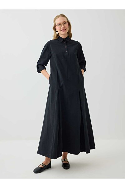 Benin Shirt Collar Pleated Detailed Hijab Dress - Black -
