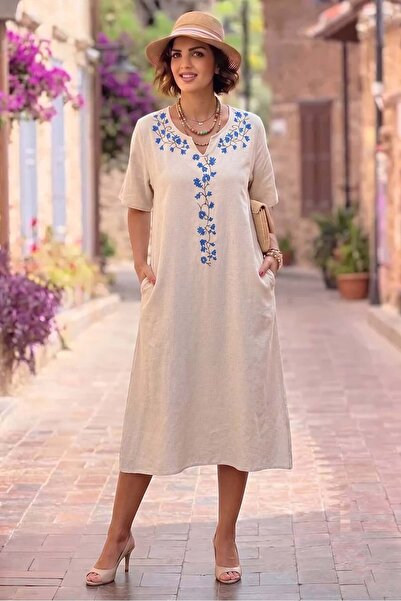 Nevin Kaya Moda Blue Embroidered Linen Dress