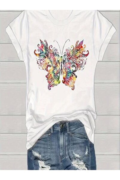 COZYWEAR Colorful Butterfly Printed White Oversize T-Shirt