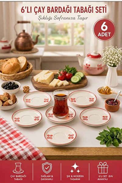 Akkoyunlu home Kiraz Desenli 6'lı Çay Bardağı Tabağı Seti - Kırmızı Şeritli S...