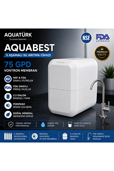 aquatürk Aqubest 5 Aşama Su Arıtma Cihazı 75 GPD Vontron Membran 2.2 Galon Ta...