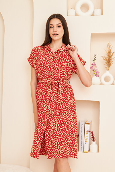 Si&Su Women's Patterned Belted Short Sleeve Shirt Dress