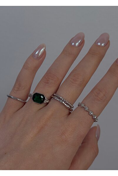 KİLİGİSTANBUL Lau Green Stone Multiple Ring Set (Size 7-8-9 Mixed)