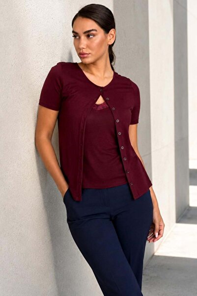 Madmext Burgundy Lace Detailed Slim Fit Short Sleeve Women's Cardigan Mg2710
