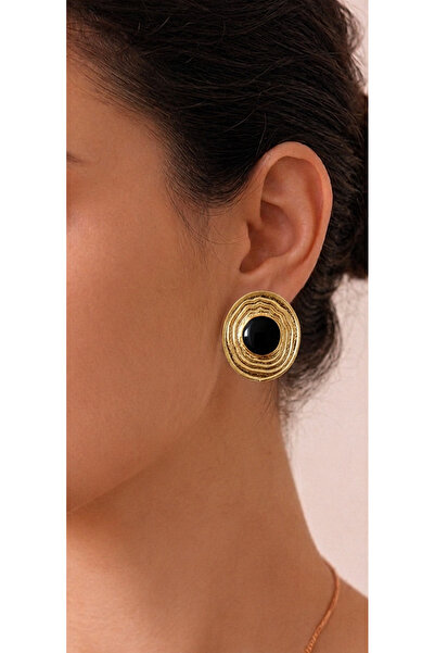 Açıkmeşe Ev Yaşam Ürünleri Gold Wave Oval Black Color Hoop Earrings Wintage M...