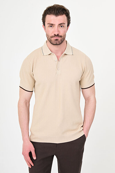 Mcr Patterned Slim Fit Polo Collar Buttoned Men's Knitwear T-Shirt Beige - 11...