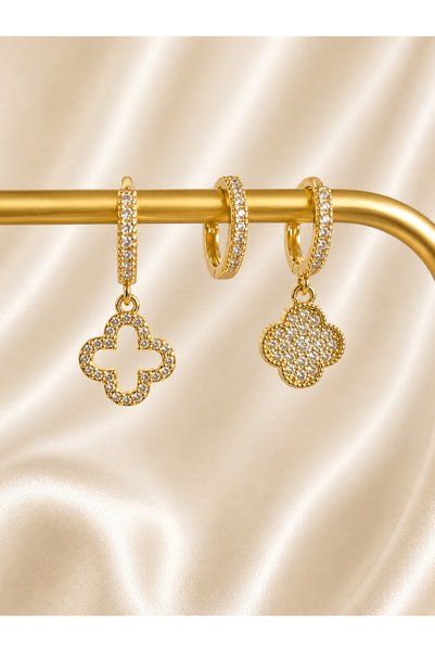 JEWELERY Gold Color Clover Figured Zircon Stone Dangle Earrings – Elegant and Stylish Design