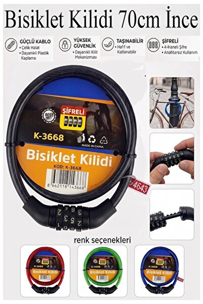 Artlantis Şifreli Bisiklet Kilidi 70 cm İnce 1 Adet K-3668 Çelik Halat Plasti...
