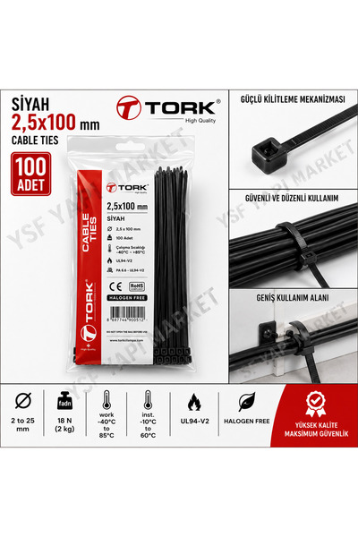 TORK 2,5x100 siyah, Kablo bağı, Cırt Kelepçe, Plastik kelepçe, Kablo düzenleyici
