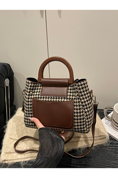 Take Two By Styli Houndstooth Handbag with Brown Accents and Adjustable Strap