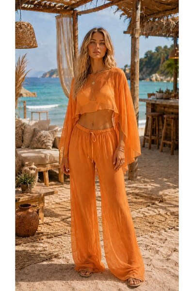 FELLMENS Orange Lux Chiffon Fabric Blouse and Pants Beach Wear 2-Piece Set L/Xl