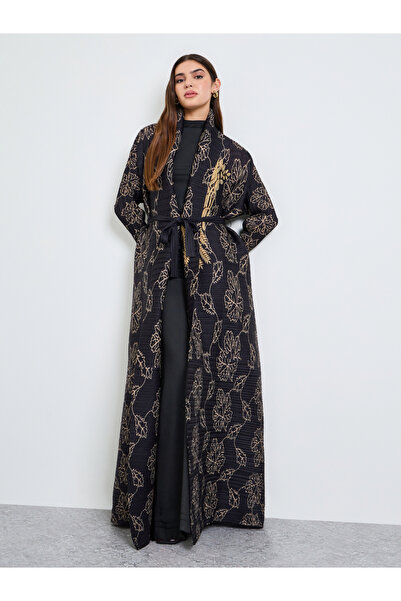 Take Two By Styli Floral Print Textured Pleated Open Front Abaya