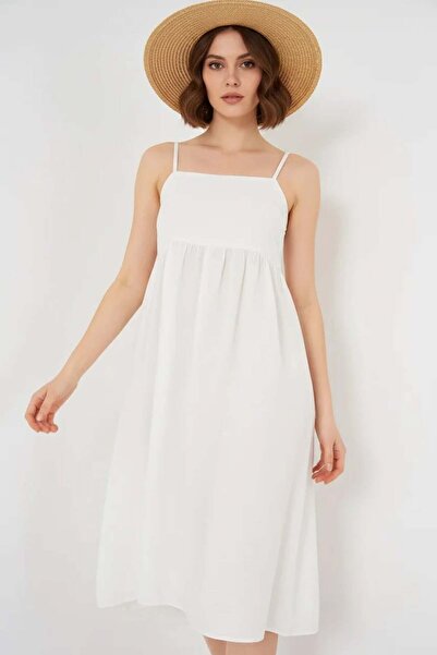 ALFA AKSESUAR 03 Women's Strapless Gathered Waist Viscose White Dress with St...