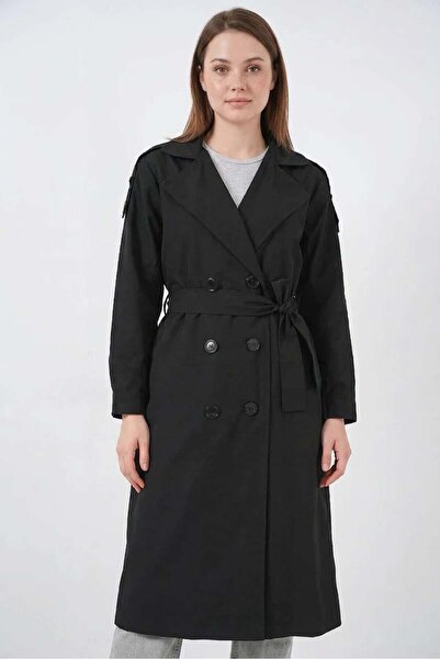 ALFA AKSESUAR 03 Women's Double Breasted Collar Belted Black Trench Coat