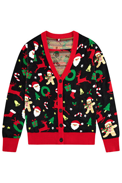 OEM Cardigan pentru femei Pulover de Crăciun cu nasturi Fantazie Negru XXL