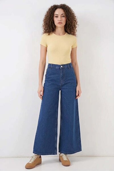 Generic Brand Women's High Waist Cotton Wide Leg Blue Palazzo Trousers