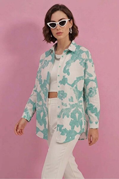 Generic Brand Women's Basic Oversize Patterned Cotton D. Mint Shirt