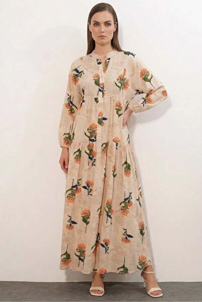 ALFA AKSESUAR 03 Women's High Collar Gathered Waist Floral Patterned Beige Hi...