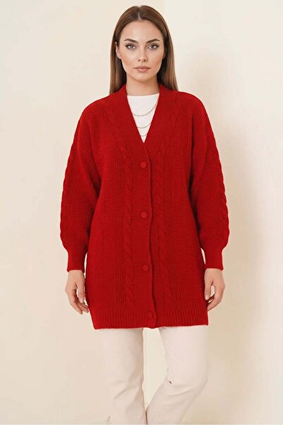 ALFA AKSESUAR 03 Women's V-Neck Hair Braid Pattern Buttoned Knitwear Red Hija...